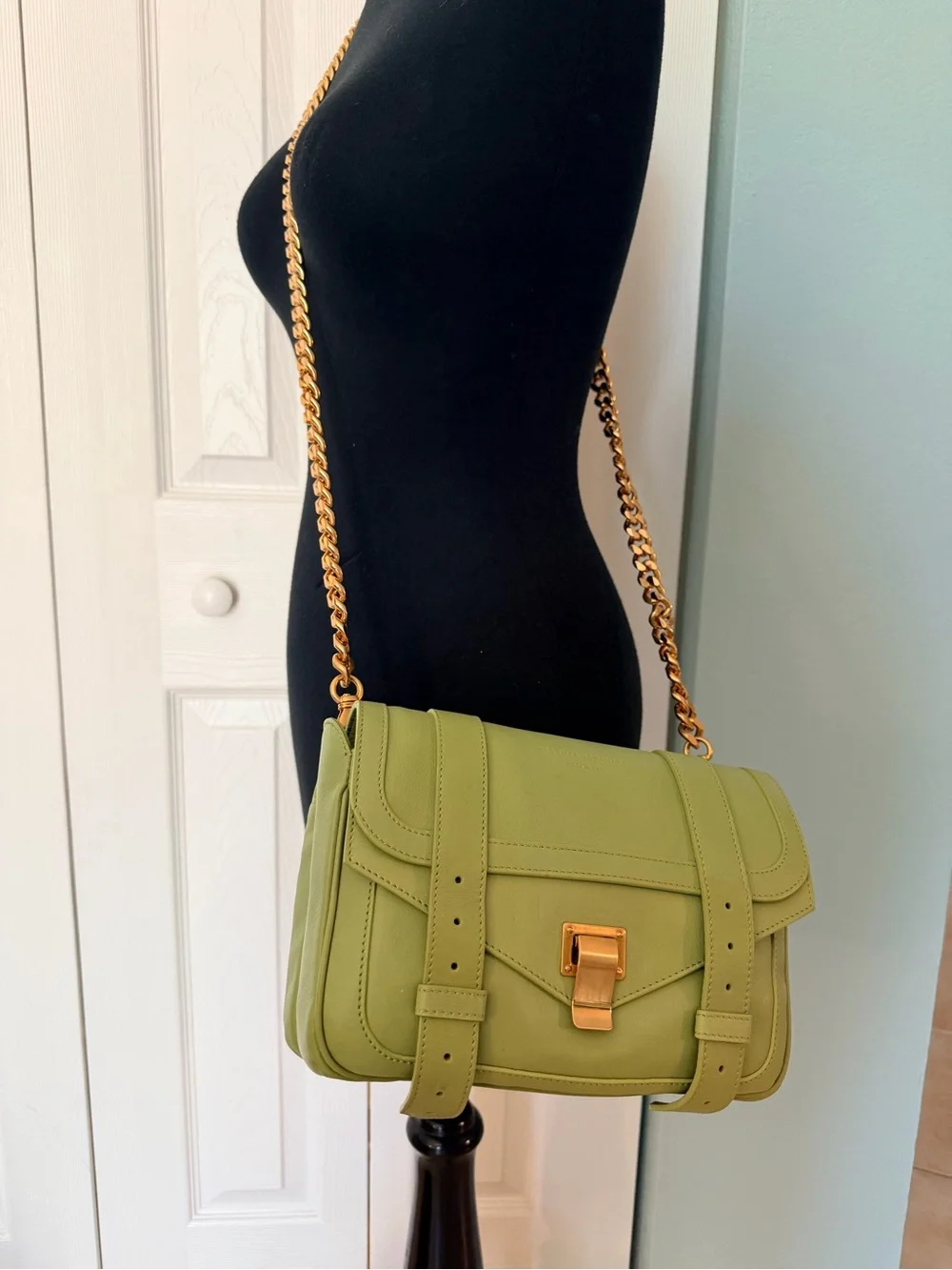 Proenza Schouler Double Bag PS1 Green Leather Crossbody with Gold Chain Strap